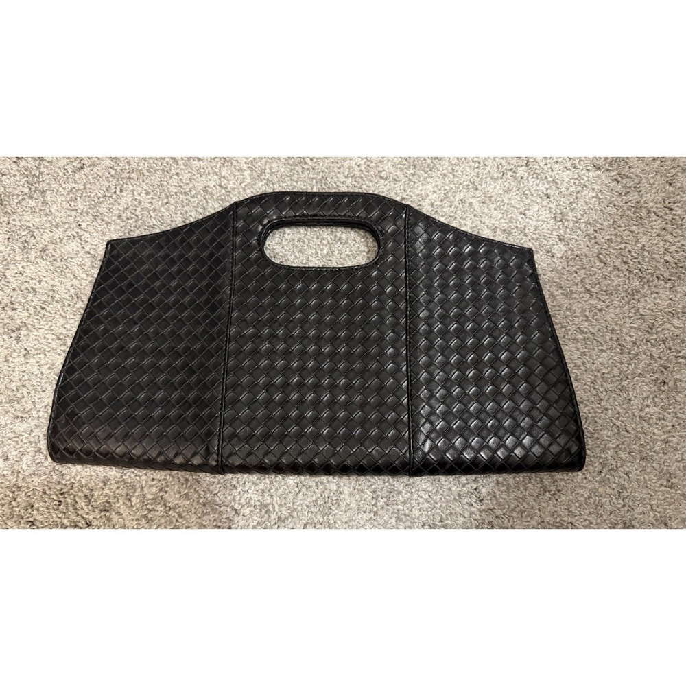 Black Woven Top Handle Bag Silver Hardware Patterned Interior Magnetic Snap
